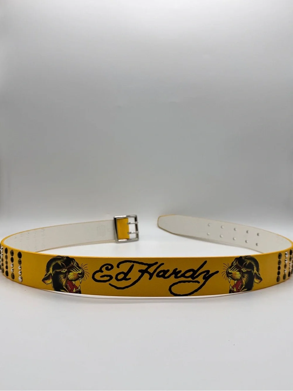 Ed Hardy Panther Snake Studded Belt Yellow Y2K Tattoo Art Size 38 Brand New